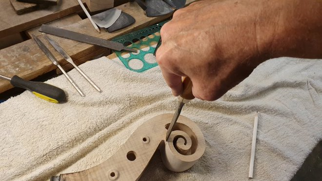 Lingsma electric upright bass - headstock handwork